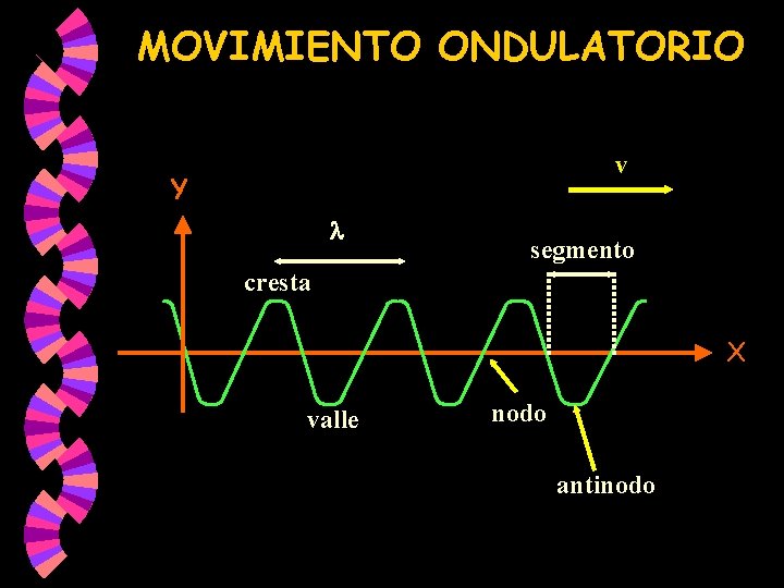 MOVIMIENTO ONDULATORIO v Y segmento cresta X valle nodo antinodo MOVIMIENTO ONDULATORIO v Y segmento cresta X valle nodo antinodo