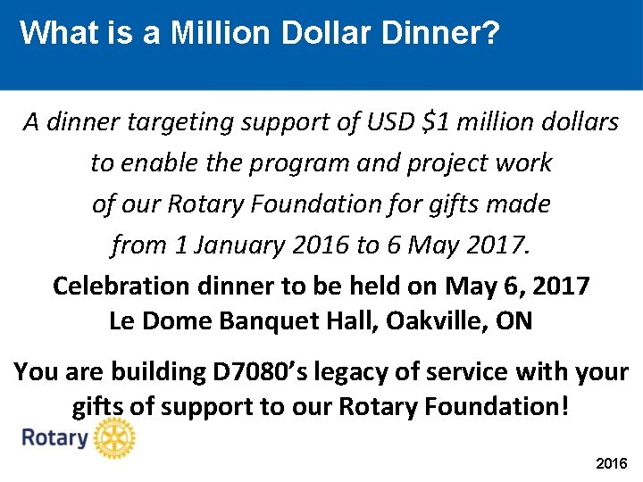 What is a Million Dollar Dinner? A dinner targeting support of USD $1 million What is a Million Dollar Dinner? A dinner targeting support of USD $1 million