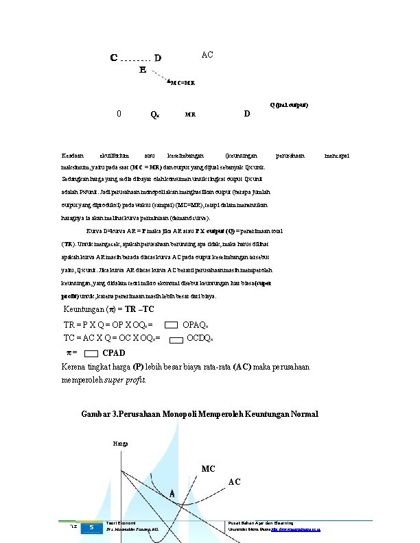AC MC=MR Q (jml. output) 0 Keadaan ekuilibrium QX atau D MR keseimbangan (keuntungan AC MC=MR Q (jml. output) 0 Keadaan ekuilibrium QX atau D MR keseimbangan (keuntungan