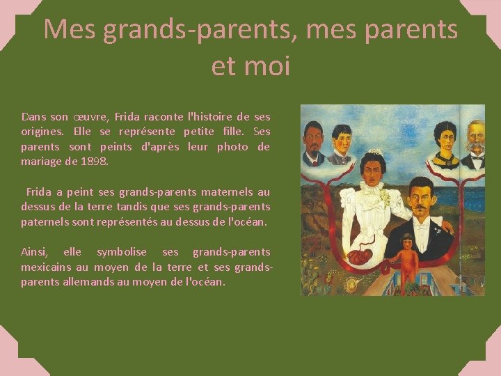 Mes grands-parents, mes parents et moi Dans son œuvre, Frida raconte l'histoire de ses