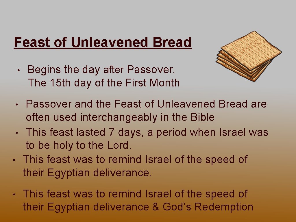 Feast of Unleavened Bread • • • Begins the day after Passover. The 15