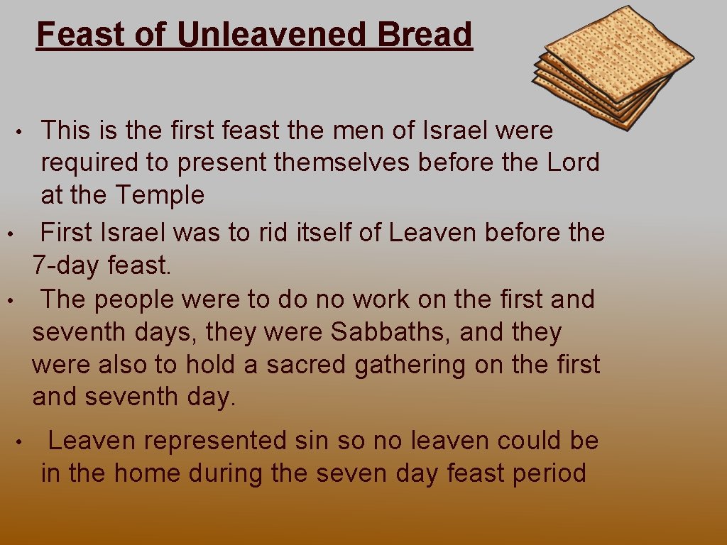 Feast of Unleavened Bread • This is the first feast the men of Israel