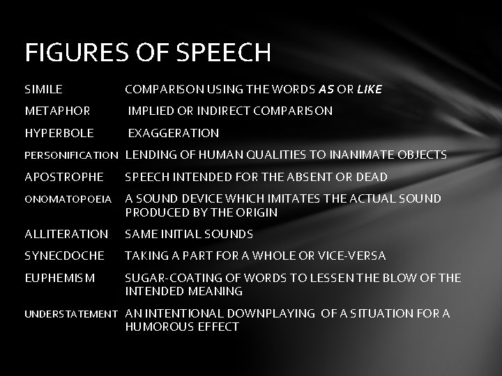 FIGURES OF SPEECH SIMILE COMPARISON USING THE WORDS AS OR LIKE METAPHOR IMPLIED OR