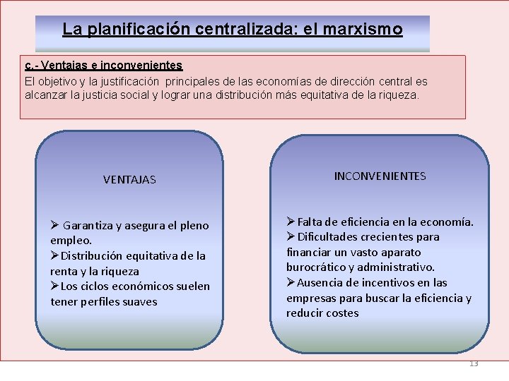 La planificación centralizada: el marxismo c. - Ventajas e inconvenientes El objetivo y la