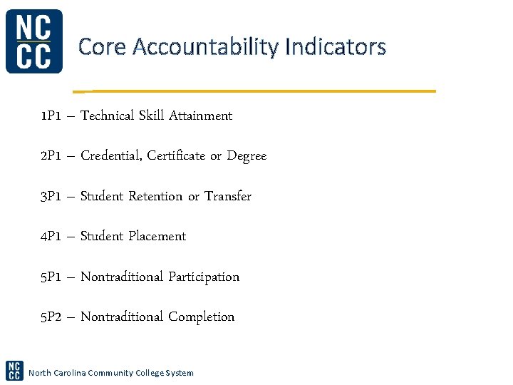 Core Accountability Indicators 1 P 1 – Technical Skill Attainment 2 P 1 –