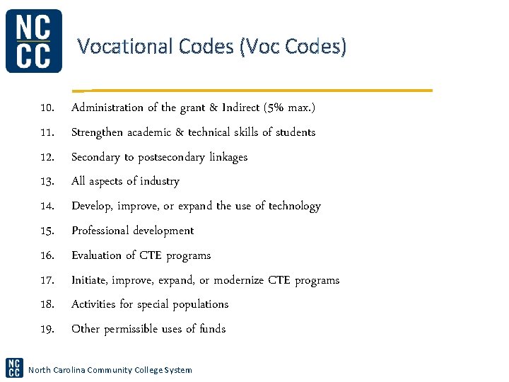 Vocational Codes (Voc Codes) 10. 11. 12. 13. 14. 15. 16. 17. 18. 19. Vocational Codes (Voc Codes) 10. 11. 12. 13. 14. 15. 16. 17. 18. 19.