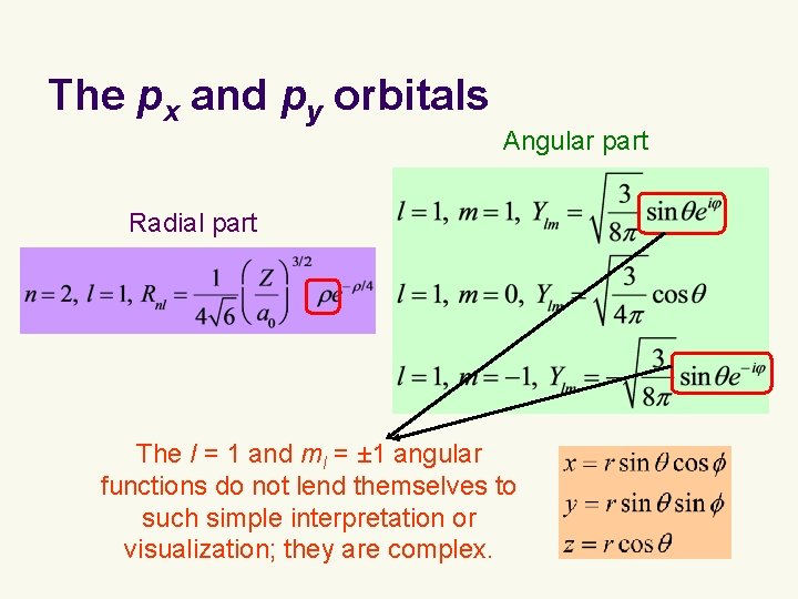The px and py orbitals Angular part Radial part The l = 1 and The px and py orbitals Angular part Radial part The l = 1 and