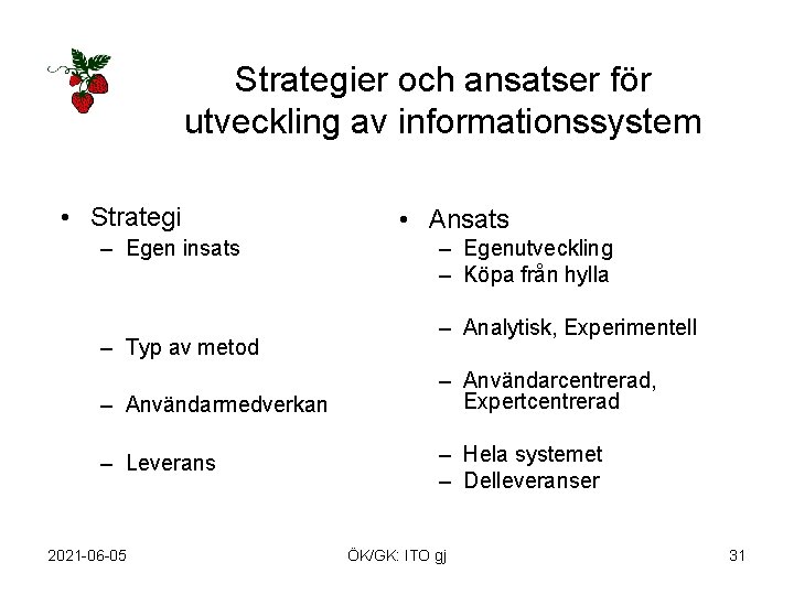 Strategier och ansatser för utveckling av informationssystem • Strategi – Egen insats – Typ