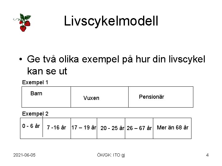 Livscykelmodell • Ge två olika exempel på hur din livscykel kan se ut Exempel