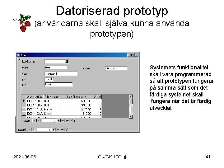 Datoriserad prototyp (användarna skall själva kunna använda prototypen) Systemets funktionalitet skall vara programmerad så