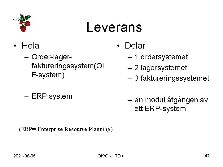 Leverans • Hela • Delar – Order-lagerfaktureringssystem(OL F-system) – 1 ordersystemet – 2 lagersystemet