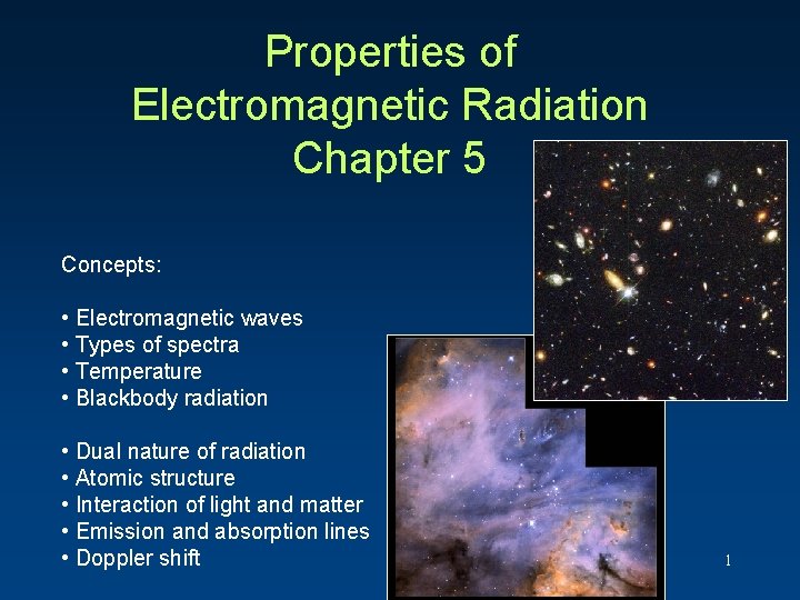 Properties of Electromagnetic Radiation Chapter 5 Concepts: • Electromagnetic waves • Types of spectra Properties of Electromagnetic Radiation Chapter 5 Concepts: • Electromagnetic waves • Types of spectra