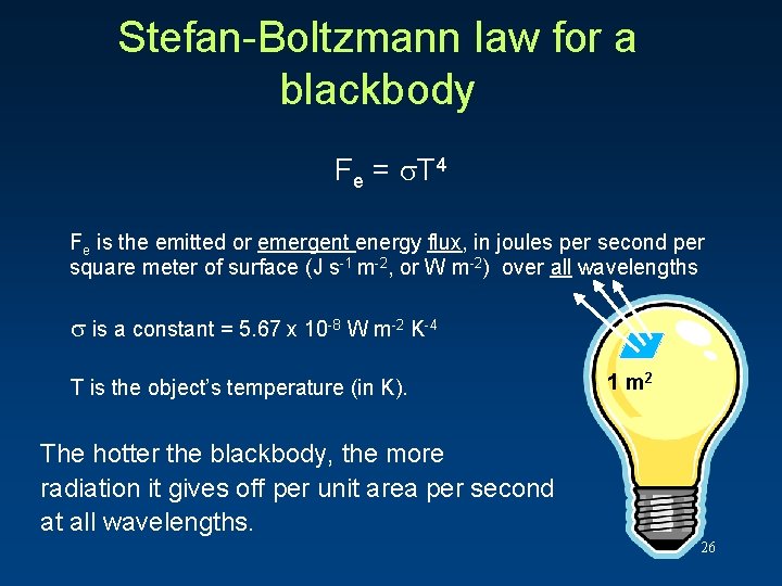 Stefan-Boltzmann law for a blackbody Fe = T 4 Fe is the emitted or Stefan-Boltzmann law for a blackbody Fe = T 4 Fe is the emitted or