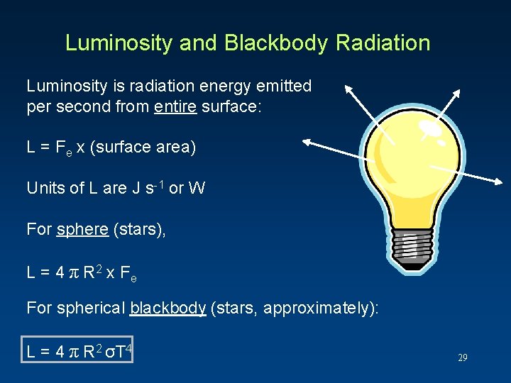 Luminosity and Blackbody Radiation Luminosity is radiation energy emitted per second from entire surface: Luminosity and Blackbody Radiation Luminosity is radiation energy emitted per second from entire surface: