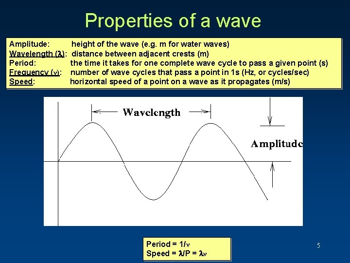 Properties of a wave Amplitude: Wavelength ( ): Period: Frequency (ν): Speed: height of Properties of a wave Amplitude: Wavelength ( ): Period: Frequency (ν): Speed: height of