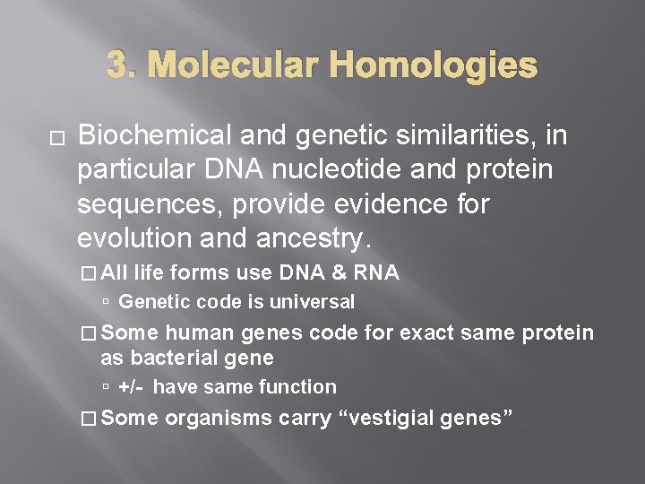 3. Molecular Homologies � Biochemical and genetic similarities, in particular DNA nucleotide and protein