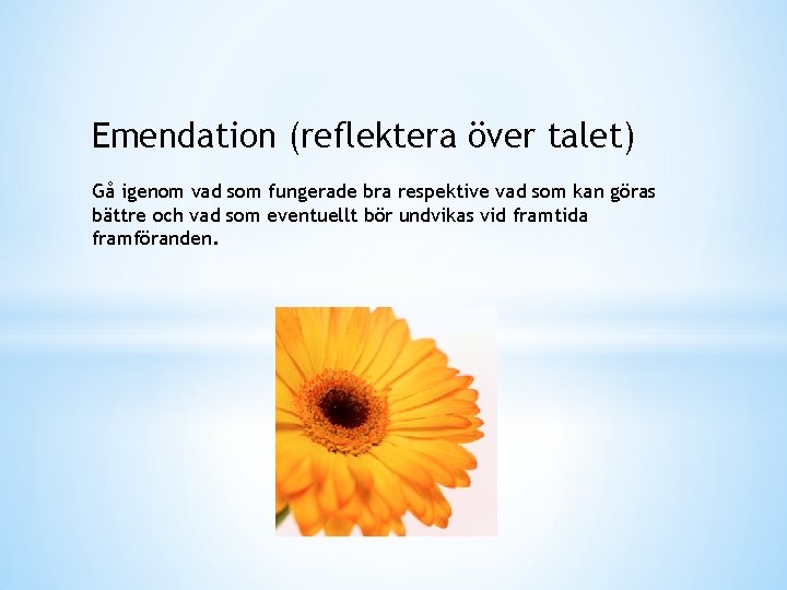 Emendation (reflektera över talet) Gå igenom vad som fungerade bra respektive vad som kan