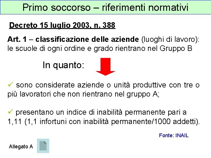 Primo soccorso – riferimenti normativi Decreto 15 luglio 2003, n. 388 Art. 1 –