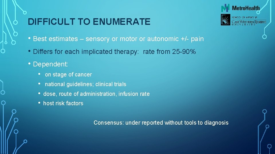 DIFFICULT TO ENUMERATE • Best estimates – sensory or motor or autonomic +/- pain