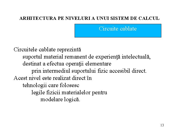 ARHITECTURA PE NIVELURI A UNUI SISTEM DE CALCUL Circuite cablate Circuitele cablate reprezintă suportul