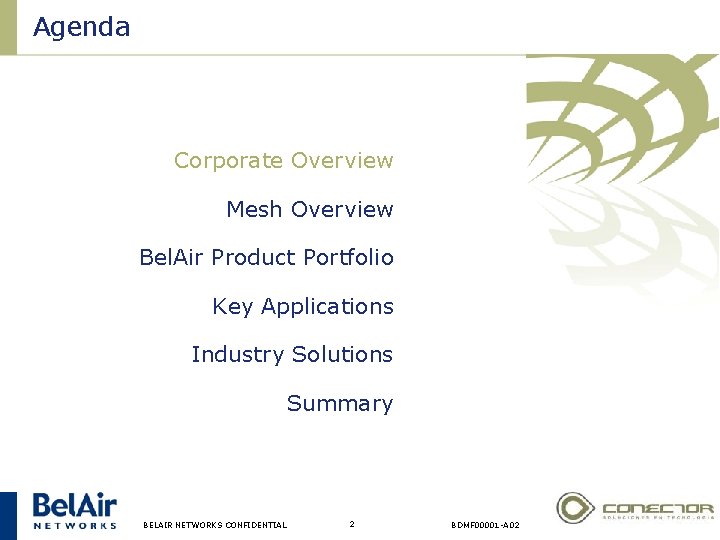 Agenda Corporate Overview Mesh Overview Bel. Air Product Portfolio Key Applications Industry Solutions Summary