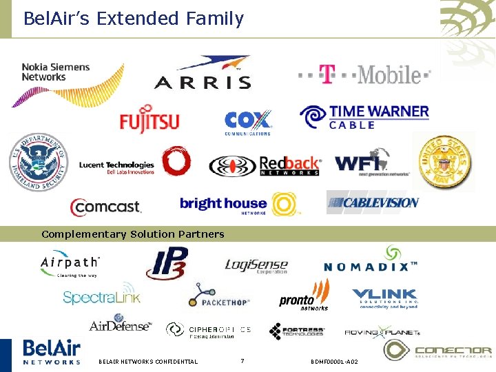 Bel. Air’s Extended Family Complementary Solution Partners BELAIR NETWORKS CONFIDENTIAL 7 BDMF 00001 -A