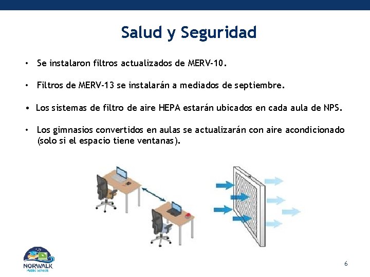 Salud y Seguridad • Se instalaron filtros actualizados de MERV-10. • Filtros de MERV-13