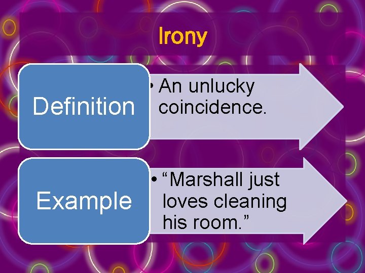 Irony Definition • An unlucky coincidence. Example • “Marshall just loves cleaning his room.