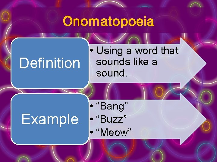 Onomatopoeia Definition • Using a word that sounds like a sound. Example • “Bang”