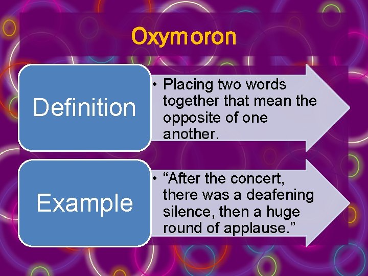 Oxymoron Definition • Placing two words together that mean the opposite of one another.