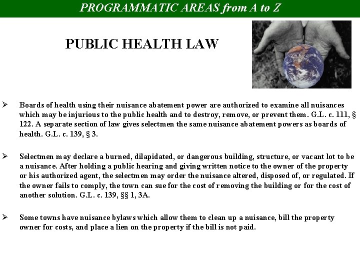 PROGRAMMATIC AREAS from A to Z PUBLIC HEALTH LAW Ø Boards of health using