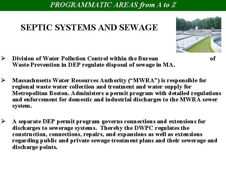 PROGRAMMATIC AREAS from A to Z SEPTIC SYSTEMS AND SEWAGE Ø Division of Water