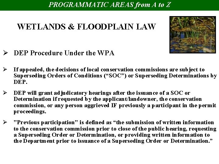 PROGRAMMATIC AREAS from A to Z WETLANDS & FLOODPLAIN LAW Ø DEP Procedure Under