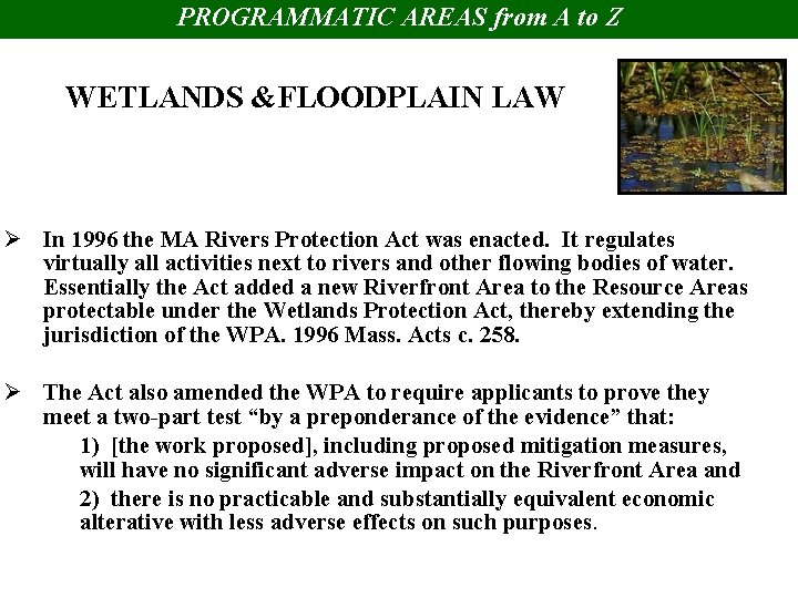 PROGRAMMATIC AREAS from A to Z WETLANDS &FLOODPLAIN LAW Ø In 1996 the MA