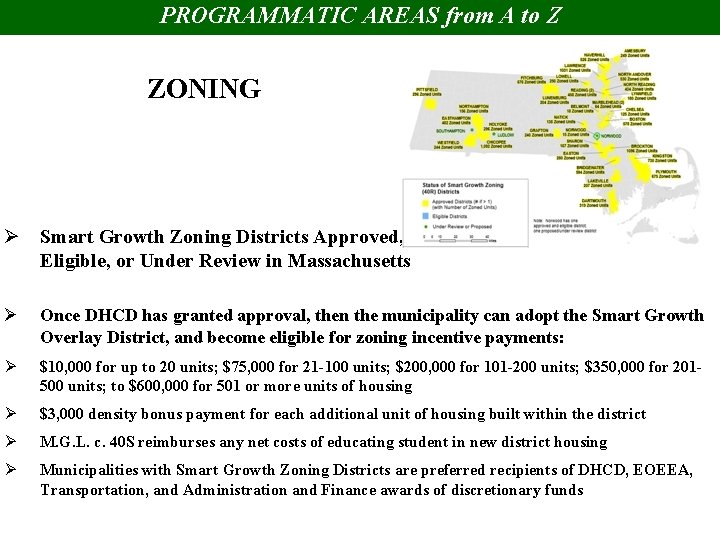 PROGRAMMATIC AREAS from A to Z ZONING Ø Smart Growth Zoning Districts Approved, Eligible,