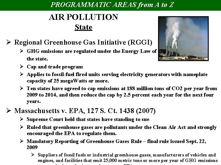 PROGRAMMATIC AREAS from A to Z AIR POLLUTION State Ø Regional Greenhouse Gas Initiative