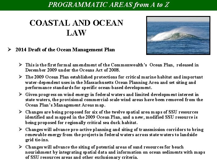 PROGRAMMATIC AREAS from A to Z COASTAL AND OCEAN LAW Ø 2014 Draft of