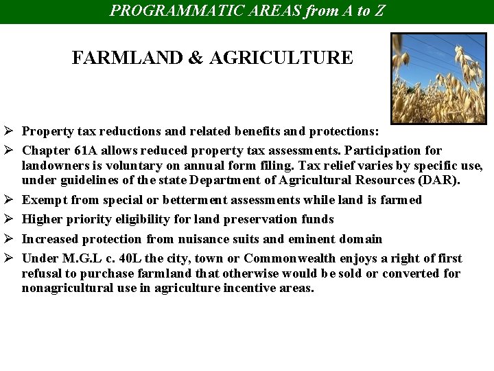 PROGRAMMATIC AREAS from A to Z FARMLAND & AGRICULTURE Ø Property tax reductions and