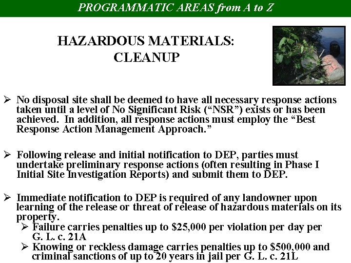 PROGRAMMATIC AREAS from A to Z HAZARDOUS MATERIALS: CLEANUP Ø No disposal site shall