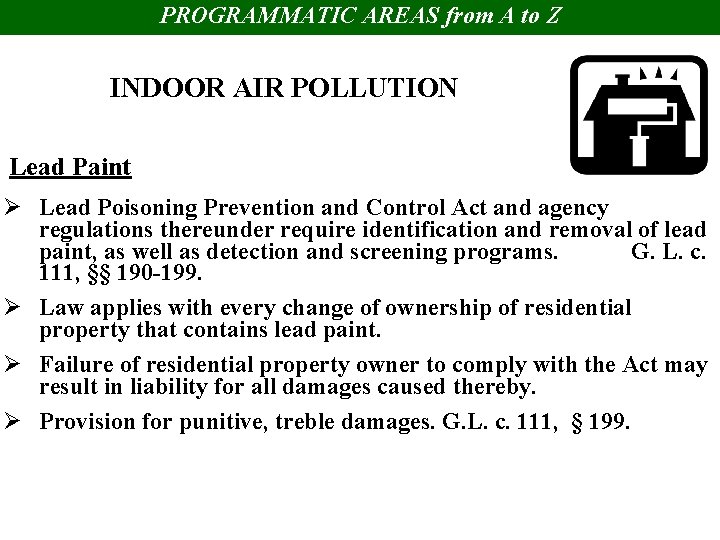 PROGRAMMATIC AREAS from A to Z INDOOR AIR POLLUTION Lead Paint Ø Lead Poisoning