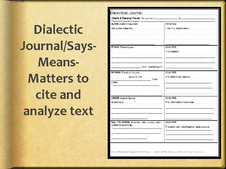 Dialectic Journal/Says. Means. Matters to cite and analyze text 