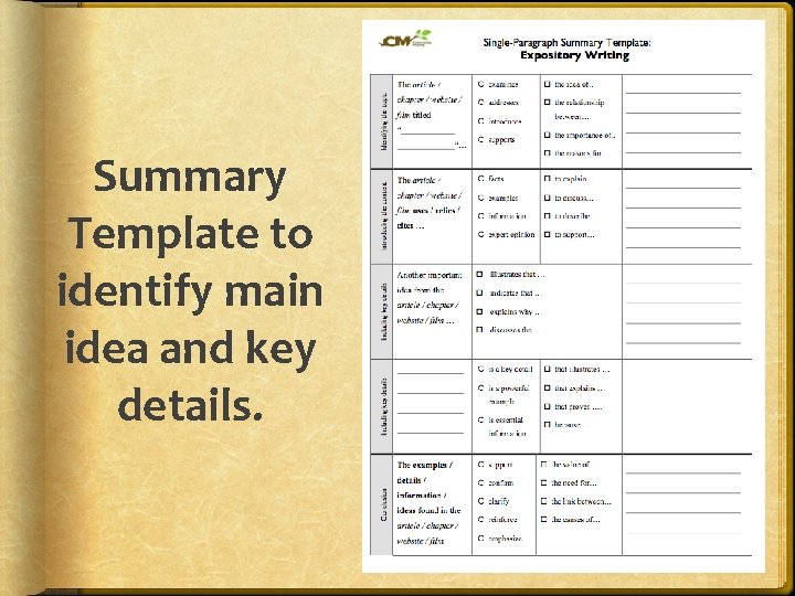 Summary Template to identify main idea and key details. 