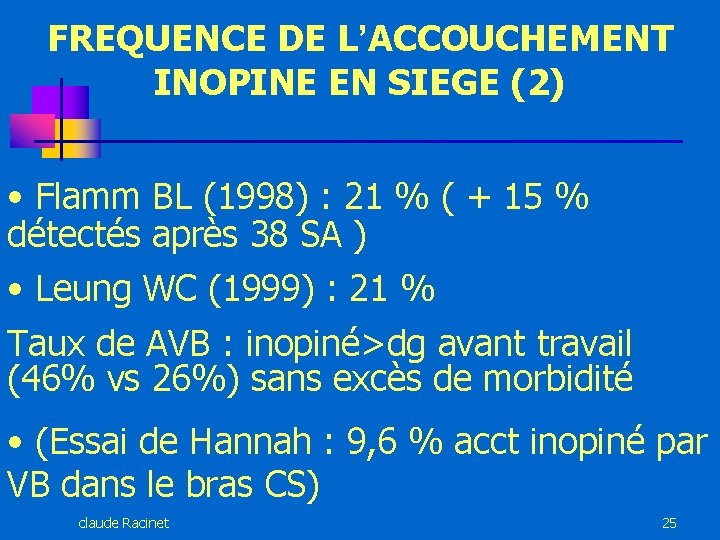 FREQUENCE DE L’ACCOUCHEMENT INOPINE EN SIEGE (2) • Flamm BL (1998) : 21 %