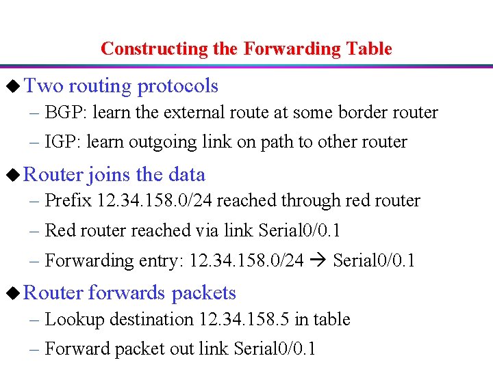 Constructing the Forwarding Table u Two routing protocols – BGP: learn the external route