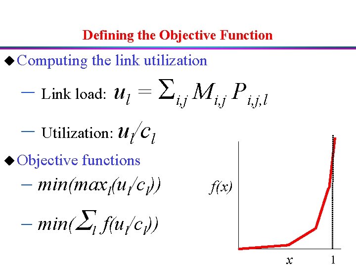 Defining the Objective Function u Computing the link utilization – Link load: ul =