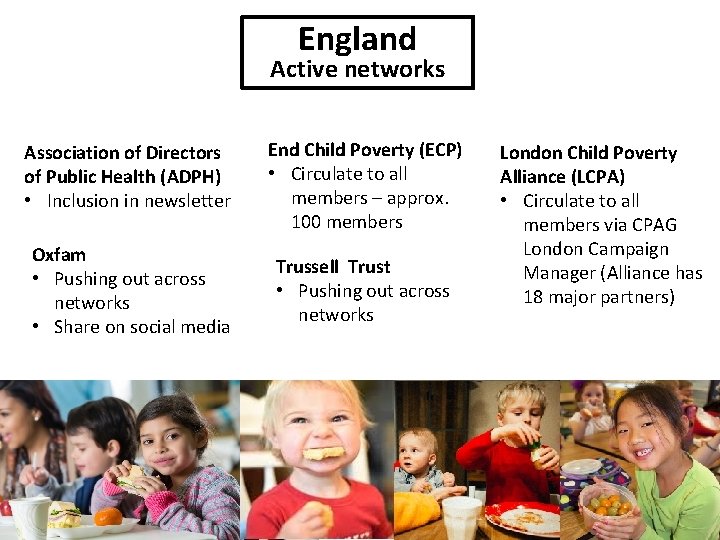 England Active networks Association of Directors of Public Health (ADPH) • Inclusion in newsletter