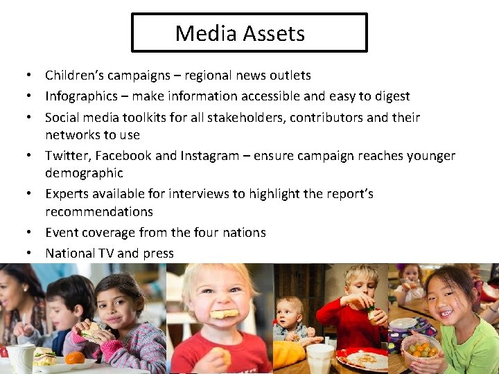 Media Assets • Children’s campaigns – regional news outlets • Infographics – make information