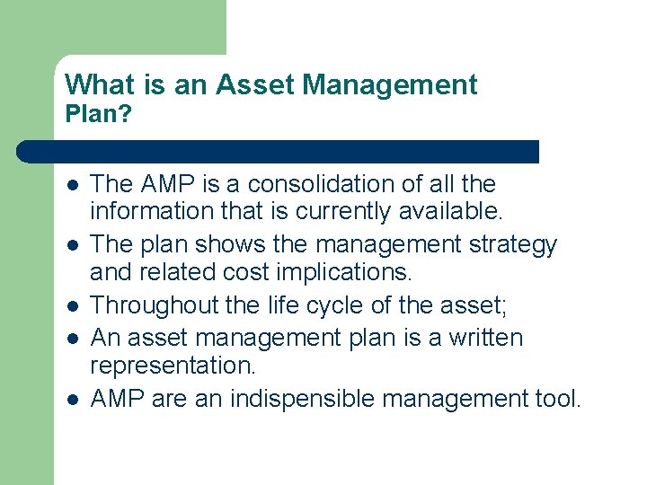 What is an Asset Management Plan? l l l The AMP is a consolidation What is an Asset Management Plan? l l l The AMP is a consolidation