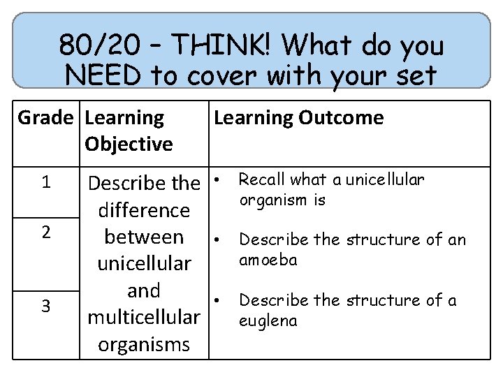 80/20 – THINK! What do you NEED to cover with your set Grade Learning