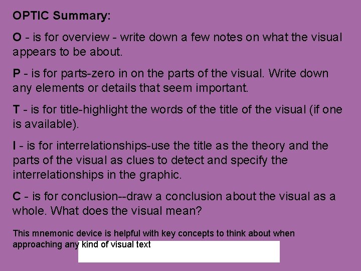 OPTIC Summary: O - is for overview - write down a few notes on